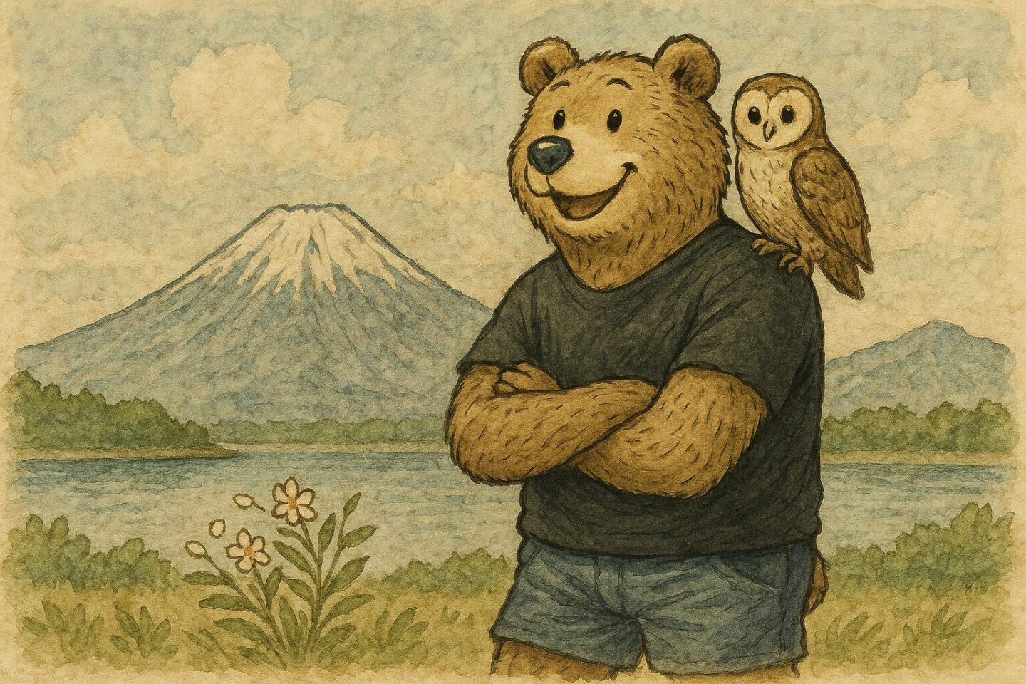 富士山を背景に旅するクマのキャラクター