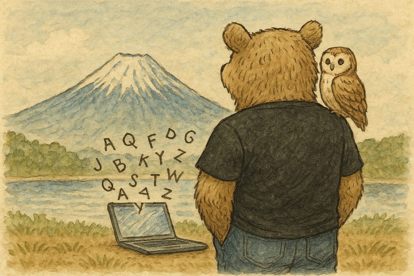 富士山を背景に旅するクマのキャラクターを描いて。クマは優しい表情で、手をポケットに入れて静かに背中を向けて富士山を見てる。肩にはフクロウがとまっている。黒のTシャツとジーンズを着ている。