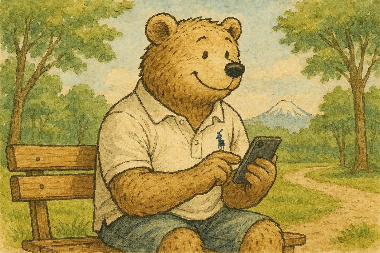 ラルフのポロシャツを着たクマが夏の公園のベンチに座ってスマホをタップしてる。